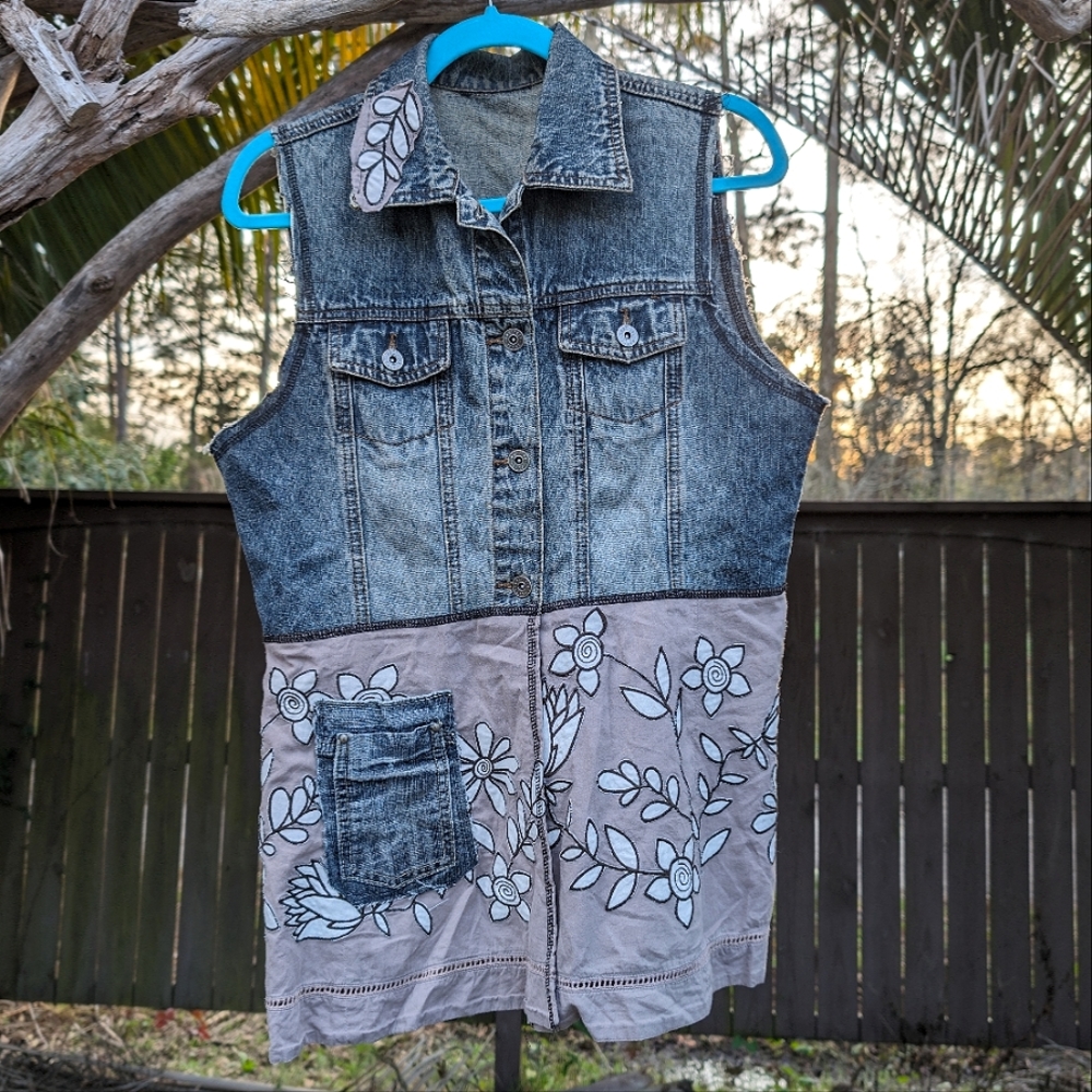 Upcycled Sleeveless Denim and Embroidered Gray Jean Jacket Vest